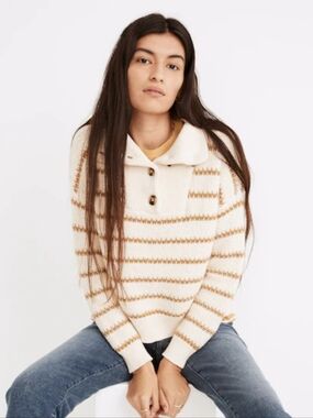 Madewell Canby Button Mockneck Sweater In Stripe Cream Size Small